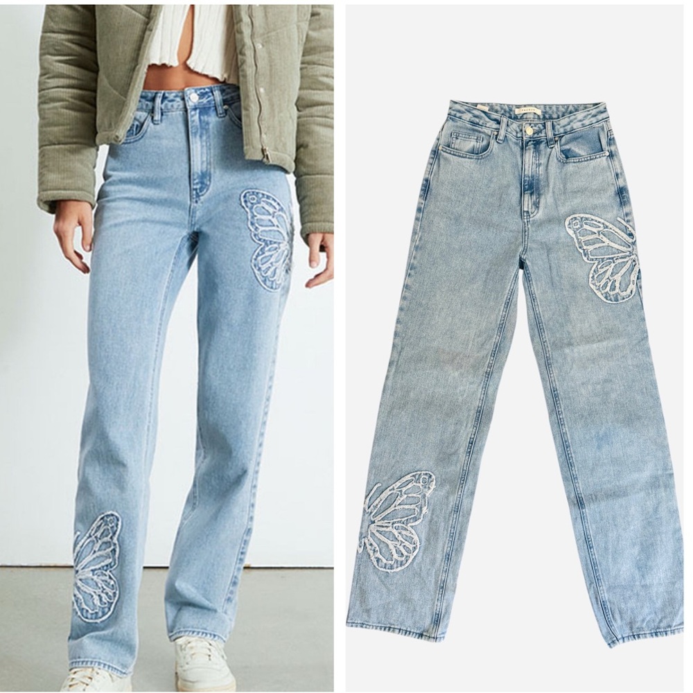 PacSun Butterfly Patch '90s Boyfriend Denim Straight Leg Blue Jeans High Rise 25